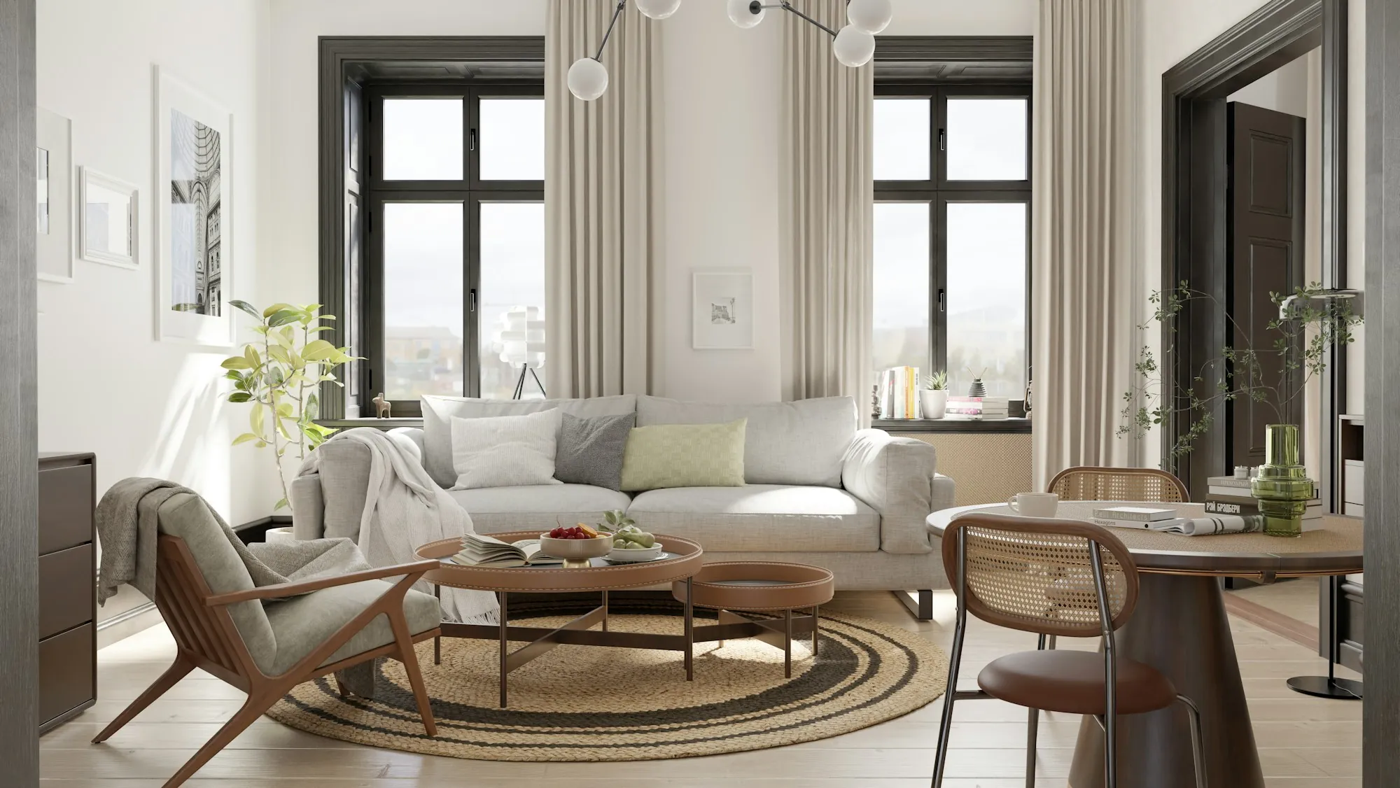 Living room with a light sofa, wood coffee table and tall windows